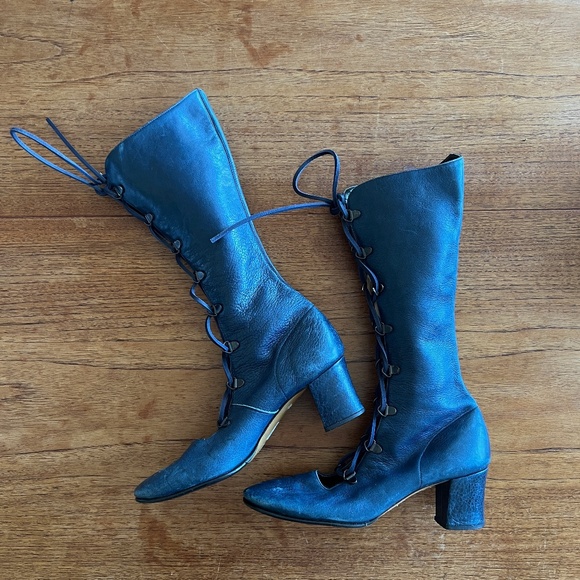 vintage 1960s blue leather Penny Lane mod Victorian go go lace up heel boots 5.5 - Picture 1 of 8